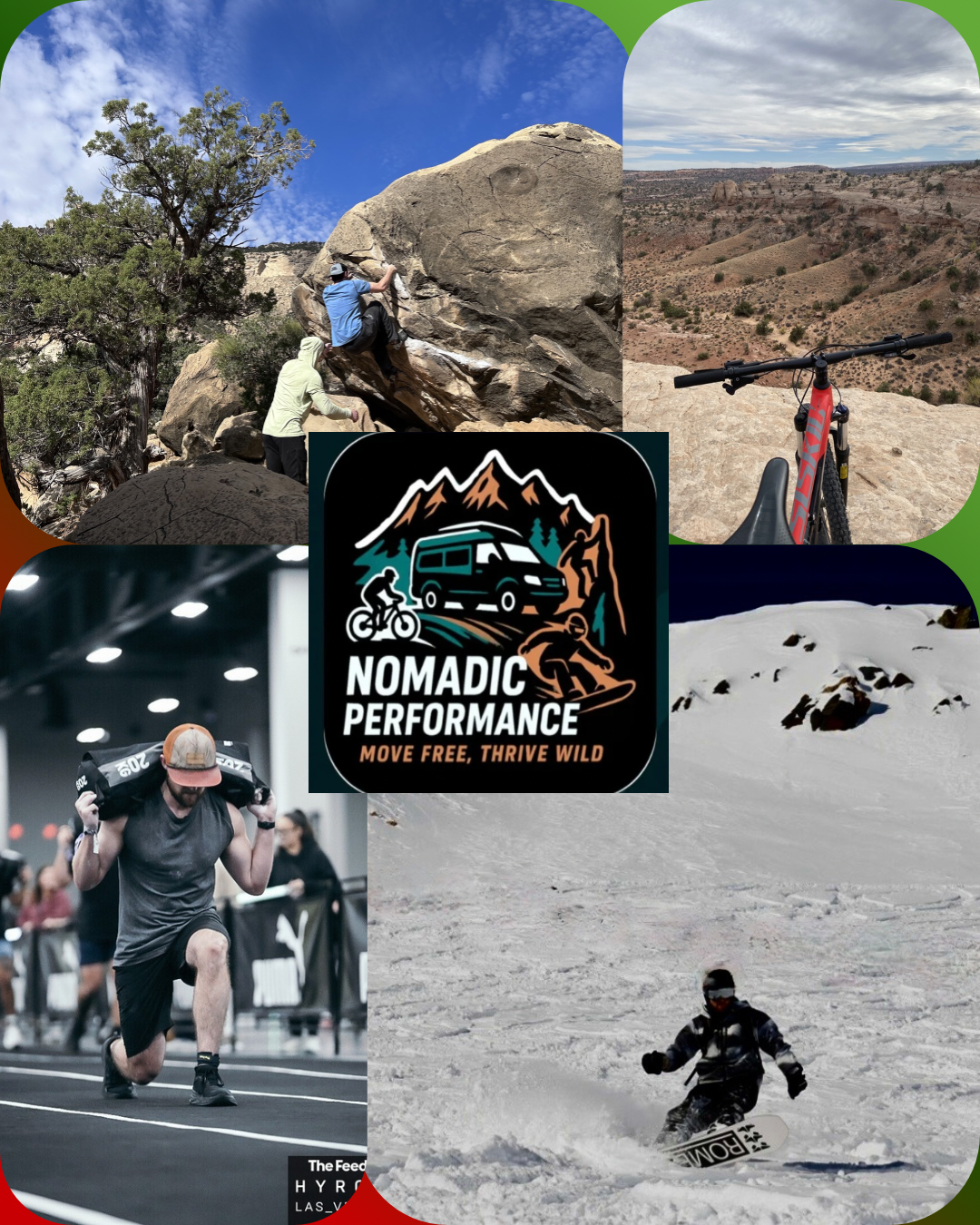 Collage of skiing, biking, climbing, and gym training across mountain sport seasons